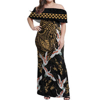 Hawaii and Japanese Together Off Shoulder Maxi Dress Cranes Birds with Kakau Pattern