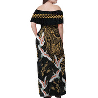 Hawaii and Japanese Together Off Shoulder Maxi Dress Cranes Birds with Kakau Pattern