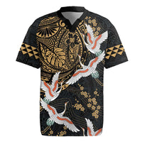 Hawaii and Japanese Together Rugby Jersey Cranes Birds with Kakau Pattern
