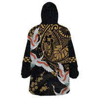 Hawaii and Japanese Together Wearable Blanket Hoodie Cranes Birds with Kakau Pattern