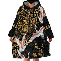 Hawaii and Japanese Together Wearable Blanket Hoodie Cranes Birds with Kakau Pattern