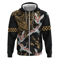 Hawaii and Japanese Together Zip Hoodie Cranes Birds with Kakau Pattern LT03 Zip Hoodie Black - Polynesian Pride