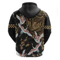 Hawaii and Japanese Together Zip Hoodie Cranes Birds with Kakau Pattern LT03 - Polynesian Pride