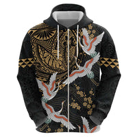 Hawaii and Japanese Together Zip Hoodie Cranes Birds with Kakau Pattern LT03 - Polynesian Pride