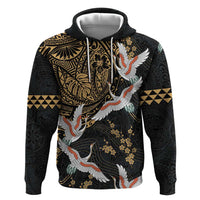 Hawaii and Japanese Together Zip Hoodie Cranes Birds with Kakau Pattern LT03 Pullover Hoodie Black - Polynesian Pride