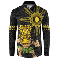 Hawaii and Philippines Together Button Sweatshirt Warrior Tiki Mask and Filipino Sun Polynesian Style LT03 Black - Polynesian Pride
