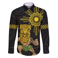 Hawaii and Philippines Together Family Matching Off Shoulder Short Dress and Hawaiian Shirt Warrior Tiki Mask and Filipino Sun Polynesian Style