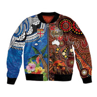 Fiji and Australia Together Bomber Jacket Fijian Tapa Plants with Kangaroo and Aboriginal - Polynesian Pride