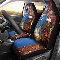 Fiji and Australia Together Car Seat Cover Fijian Tapa Plants with Kangaroo and Aboriginal - Polynesian Pride