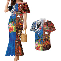 Fiji and Australia Together Couples Matching Mermaid Dress and Hawaiian Shirt Fijian Tapa Plants with Kangaroo and Aboriginal - Polynesian Pride