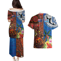 Fiji and Australia Together Couples Matching Puletasi and Hawaiian Shirt Fijian Tapa Plants with Kangaroo and Aboriginal - Polynesian Pride