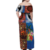 Fiji and Australia Together Family Matching Off Shoulder Maxi Dress and Hawaiian Shirt Fijian Tapa Plants with Kangaroo and Aboriginal - Polynesian Pride