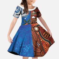 Fiji and Australia Together Family Matching Summer Maxi Dress and Hawaiian Shirt Fijian Tapa Plants with Kangaroo and Aboriginal LT03 Daughter's Dress Black - Polynesian Pride