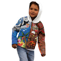 Fiji and Australia Together Kid Hoodie Fijian Tapa Plants with Kangaroo and Aboriginal - Polynesian Pride