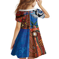 Fiji and Australia Together Kid Short Sleeve Dress Fijian Tapa Plants with Kangaroo and Aboriginal - Polynesian Pride
