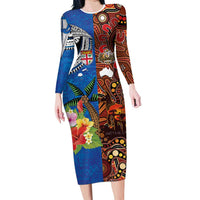 Fiji and Australia Together Long Sleeve Bodycon Dress Fijian Tapa Plants with Kangaroo and Aboriginal - Polynesian Pride