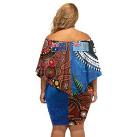 Fiji and Australia Together Off Shoulder Short Dress Fijian Tapa Plants with Kangaroo and Aboriginal - Polynesian Pride