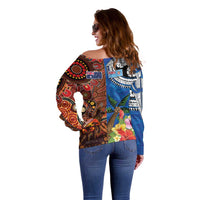 Fiji and Australia Together Off Shoulder Sweater Fijian Tapa Plants with Kangaroo and Aboriginal - Polynesian Pride