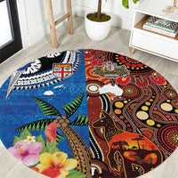 Fiji and Australia Together Round Carpet Fijian Tapa Plants with Kangaroo and Aboriginal - Polynesian Pride