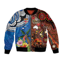 Fiji and Australia Together Sleeve Zip Bomber Jacket Fijian Tapa Plants with Kangaroo and Aboriginal - Polynesian Pride