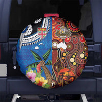 Fiji and Australia Together Spare Tire Cover Fijian Tapa Plants with Kangaroo and Aboriginal - Polynesian Pride