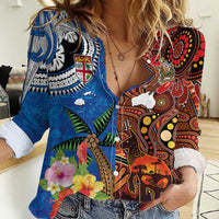 Fiji and Australia Together Women Casual Shirt Fijian Tapa Plants with Kangaroo and Aboriginal - Polynesian Pride