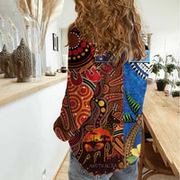 Fiji and Australia Together Women Casual Shirt Fijian Tapa Plants with Kangaroo and Aboriginal - Polynesian Pride