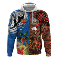 Fiji and Australia Together Zip Hoodie Fijian Tapa Plants with Kangaroo and Aboriginal - Polynesian Pride