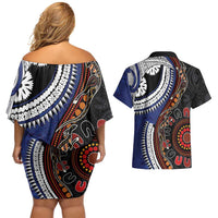 Fiji and Australia Together Couples Matching Off Shoulder Short Dress and Hawaiian Shirt Kangaroo Aboriginal with Tribal Tapa Hibiscus Half Style - Polynesian Pride