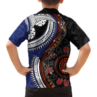 Fiji and Australia Together Family Matching Off The Shoulder Long Sleeve Dress and Hawaiian Shirt Kangaroo Aboriginal with Tribal Tapa Hibiscus Half Style - Polynesian Pride