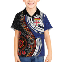 Fiji and Australia Together Family Matching Off The Shoulder Long Sleeve Dress and Hawaiian Shirt Kangaroo Aboriginal with Tribal Tapa Hibiscus Half Style - Polynesian Pride