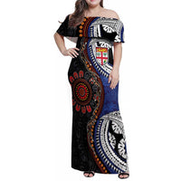 Fiji and Australia Together Family Matching Off Shoulder Maxi Dress and Hawaiian Shirt Kangaroo Aboriginal with Tribal Tapa Hibiscus Half Style - Polynesian Pride