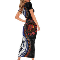 Fiji and Australia Together Family Matching Short Sleeve Bodycon Dress and Hawaiian Shirt Kangaroo Aboriginal with Tribal Tapa Hibiscus Half Style - Polynesian Pride