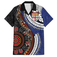 Fiji and Australia Together Hawaiian Shirt Kangaroo Aboriginal with Tribal Tapa Hibiscus Half Style LT03 Black - Polynesian Pride