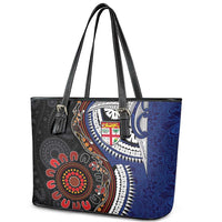 Fiji and Australia Together Leather Tote Bag Kangaroo Aboriginal with Tribal Tapa Hibiscus Half Style - Polynesian Pride