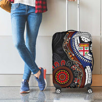 Fiji and Australia Together Luggage Cover Kangaroo Aboriginal with Tribal Tapa Hibiscus Half Style - Polynesian Pride
