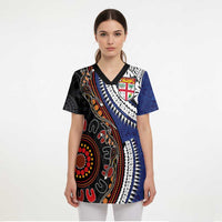 Fiji and Australia Together Scrub Top Kangaroo Aboriginal with Tribal Tapa Hibiscus Half Style - Polynesian Pride