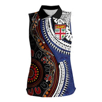 Fiji and Australia Together Women Sleeveless Polo Shirt Kangaroo Aboriginal with Tribal Tapa Hibiscus Half Style - Polynesian Pride