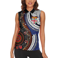 Fiji and Australia Together Women Sleeveless Polo Shirt Kangaroo Aboriginal with Tribal Tapa Hibiscus Half Style - Polynesian Pride