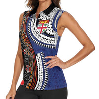 Fiji and Australia Together Women Sleeveless Polo Shirt Kangaroo Aboriginal with Tribal Tapa Hibiscus Half Style - Polynesian Pride