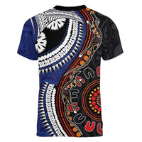 Fiji and Australia Together Women V-Neck T-Shirt Kangaroo Aboriginal with Tribal Tapa Hibiscus Half Style - Polynesian Pride