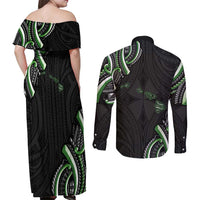 Traditional Art Hawaiian Kakau Tattoos Couples Matching Off Shoulder Maxi Dress and Long Sleeve Button Shirt Green Color - Polynesian Pride