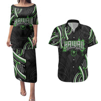 Traditional Art Hawaiian Kakau Tattoos Couples Matching Puletasi and Hawaiian Shirt Green Color - Polynesian Pride