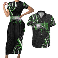 Traditional Art Hawaiian Kakau Tattoos Couples Matching Short Sleeve Bodycon Dress and Hawaiian Shirt Green Color - Polynesian Pride