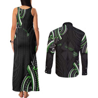 Traditional Art Hawaiian Kakau Tattoos Couples Matching Tank Maxi Dress and Long Sleeve Button Shirt Green Color - Polynesian Pride
