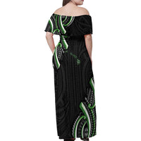 Traditional Art Hawaiian Kakau Tattoos Family Matching Off Shoulder Maxi Dress and Hawaiian Shirt Green Color - Polynesian Pride