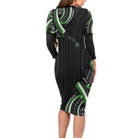 Traditional Art Hawaiian Kakau Tattoos Long Sleeve Bodycon Dress Green Color - Polynesian Pride