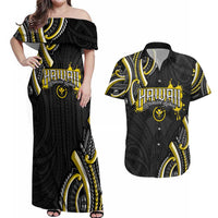 Traditional Art Hawaiian Kakau Tattoos Couples Matching Off Shoulder Maxi Dress and Hawaiian Shirt Yellow Color - Polynesian Pride