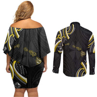 Traditional Art Hawaiian Kakau Tattoos Couples Matching Off Shoulder Short Dress and Long Sleeve Button Shirt Yellow Color - Polynesian Pride