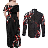 Traditional Art Hawaiian Kakau Tattoos Couples Matching Off Shoulder Maxi Dress and Long Sleeve Button Shirt Red Color - Polynesian Pride